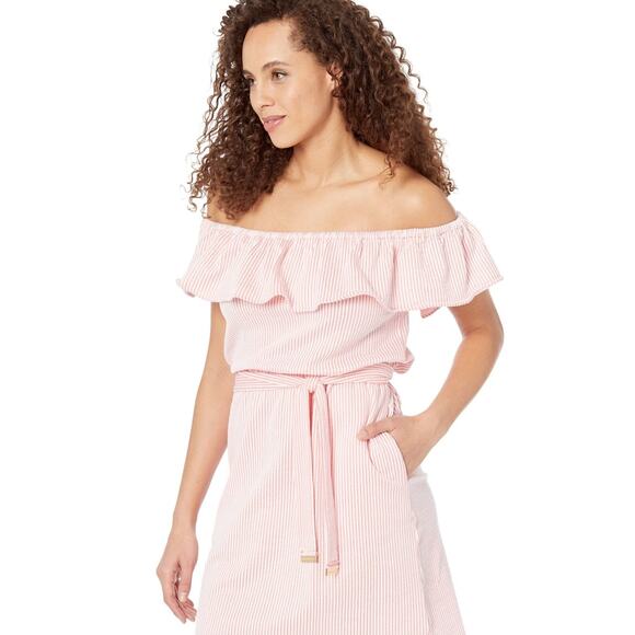 Michael Michael Kors Women Pink Pinstripe Off-the-Shoulder Mini Dress Size L - Picture 4 of 5